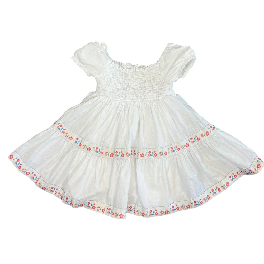 Rachel‎ Zoe Girls 4T White Smocked Floral Embroidered Boho Tiered Cotton Dress